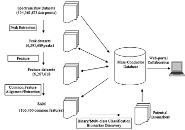 Fig. 2 Data processing pipelinesample source, retention time,and intensity. MASS-Conductoris an integrated suite of algo-rithms, statistical methods, andcomputer applications thatinterface with AppliedBiosystems (Foster City, CA,USA), ThermoElectron(Waltha
