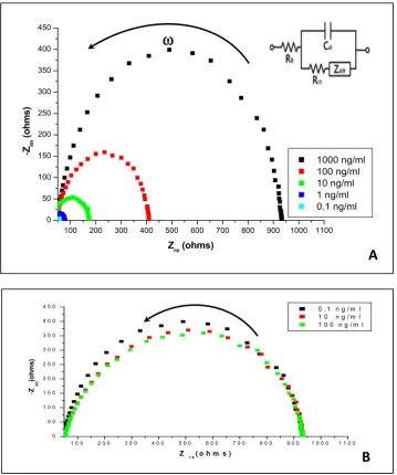 Figure 6.Figure 6. The Nyquist plots (−Zim vs. Zre) for interdigitated electrodes with immobilized anti-Hg2+ aptamers binding Hg2+ ions of different concentrations (A); the Nyquist plot for bare interdigitated electrodes in solutions with different concent