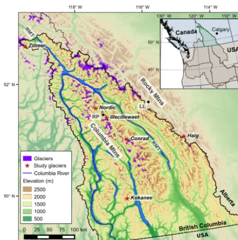 Figure 1. Map of the Canadian Columbia River basin (black out-line, brighter topography) and locations of study sites