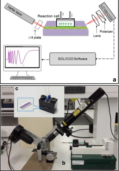 Fig. 1 Schematic diagram (experimental setup; the reaction cell with inserted OPW (a) and photograph (b) of the PI OPWc), the insetshows zoomed-in OPW chip