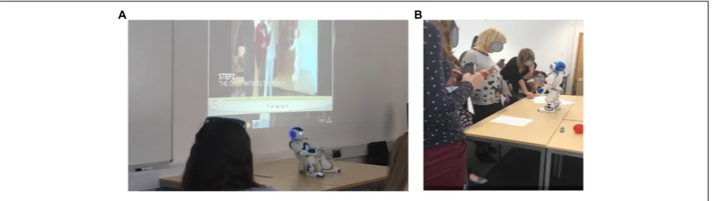 FIGURE 1 | Students watching the video on the left (A), NAO robot playing with students on the right (B).