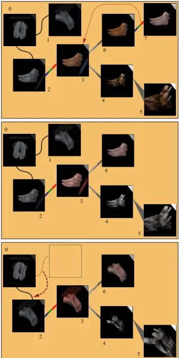 Figure 5: Top: an image graph produced from the foot dataset. A ”color” edge is being detached from node 7, and re-attached to node 3 in the graph