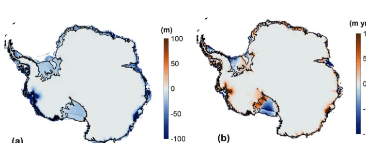 Figure 10. Mean (a, b) and standard deviation (c, d) of the change in ice thickness (a and c, in m) and depth-averaged horizontal velocityb and d, in m yr−1) between the end of the abmb experiment and the end of the ctrl experiment