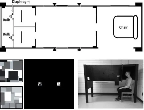 Figure 1 Clockwise from top: plan view of vision tunnel; outside view of tunnel; observer’s view of wall containing 