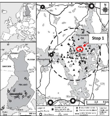 Figure  13.  Left:  General  map  of  Finland  (inset  shows its position in Europe) with location of the  Keurusselkä  impact  structure,  as  well  as  the  position  of  the  10  other  confirmed  impact  structures  from  Finland