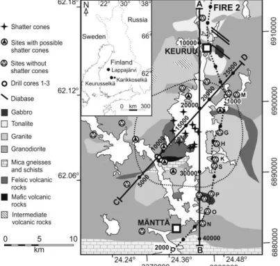 Figure  20.  Dotted  line  shows  the  FIRE  2  seismic profile. The geological setting is by  Nironen  (2003)  and  the  two  marked  modeling profiles (A-B and C-D) are shown  as solid lines