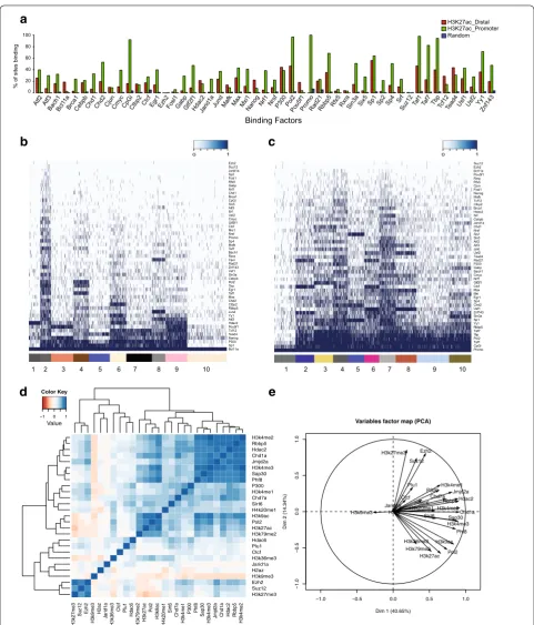 Fig. 1 Preferential enrichment, coexistence and correlation analysis. a Barplot representing proportion of H3K27ac-positive promoters (in green), H3K27ac-positive enhancers (in red) and random regions (in blue), bound by different factors