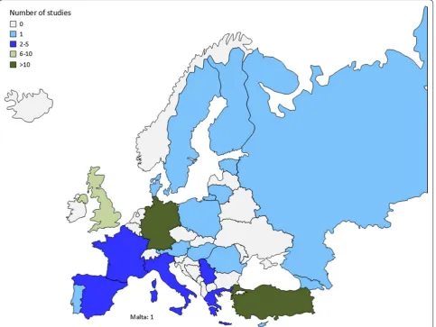 Fig. 2 Overview of the amount of studies on acceptance of evolution in Europe
