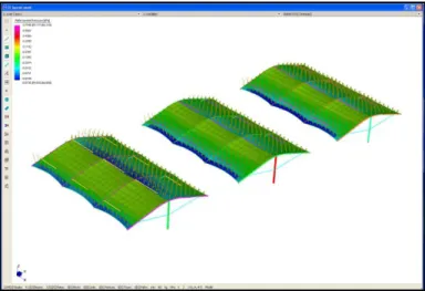 Figure Thirteen:  FEA Model of multiple Barrel  Vault structures.  Pressure mapping applied from  CFD simulation allows for accurate nomination of  structural steel supports and foundation detail  thus alleviating the issue of either over  compensating or 