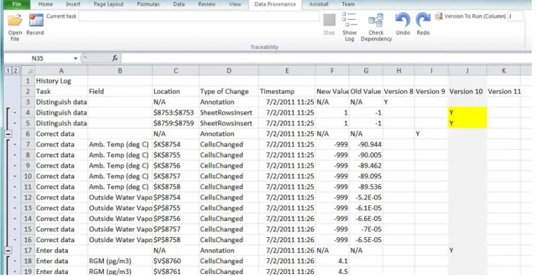Figure 3.   When the a user checks for dependencies, the tool automatically includes the dependencies of selected changes (highlighted and marked as "Y")  as shown for Version 10