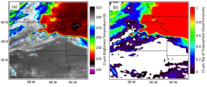 Figure 1: GOES-12 11-µm brightness temperature (a) and corresponding 11-µm top of  troposphere cloud emissivity (b) valid at 2002 UTC 15 May 2009
