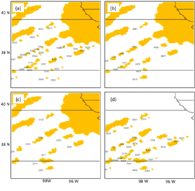 Figure 3: WDSS-II scale 1 (a), scale 2 (b), and scale 3 (c) objects and IDs valid at 2002 UTC 15  May 2009