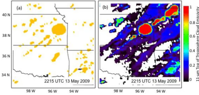 Figure 7: Final merged cloud-objects (a) and the 11-µm top of troposphere cloud emissivity field  (b) valid at 2215 UTC 13 May 2009 used as input into the convective cloud-object tracking  system
