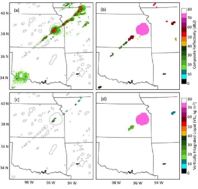 Figure 8: Final merged cloud-objects from Fig. 7 (gray contours) valid at 2215 UTC 13 May  2009 are displayed with NEXRAD composite reflectivity (dBZ) (a) and NEXRAD Vertically  Integrated Liquid (VIL; kg m -2 ) (c) valid at 2216 UTC 13 May 2009