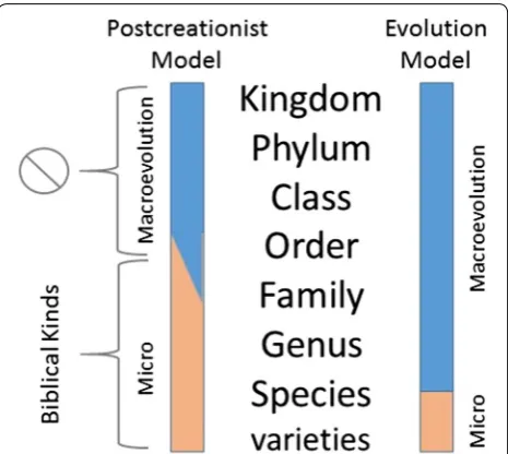 Fig. 6 The use of the terms micro- and macroevolution to changes that occur within different taxonomic categories according to the creationary and evolutionary models of biological change