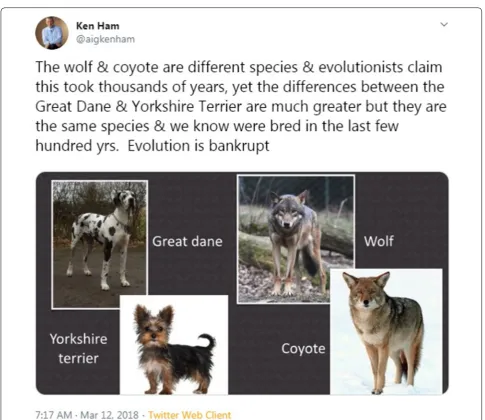 Fig. 3 Screenshot of tweet from CEO of Answers in Genesis, Ken Ham, illustrating confusion between morphological and underlying genetic change and the time-scales of natural and artificial selection (Ham 2018)