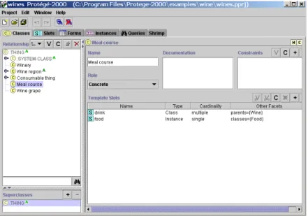 Figure 1 shows the ontology editing  environment in Protégé.  The class hierarchy  is shown on the left side of the pane, with the  form for editing properties of the class  depicted on the right hand side