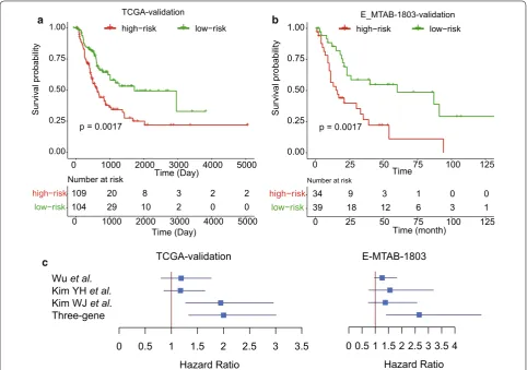 Fig. 2 The performance of the stratification based on the three‑gene‑signature in two validation datasets