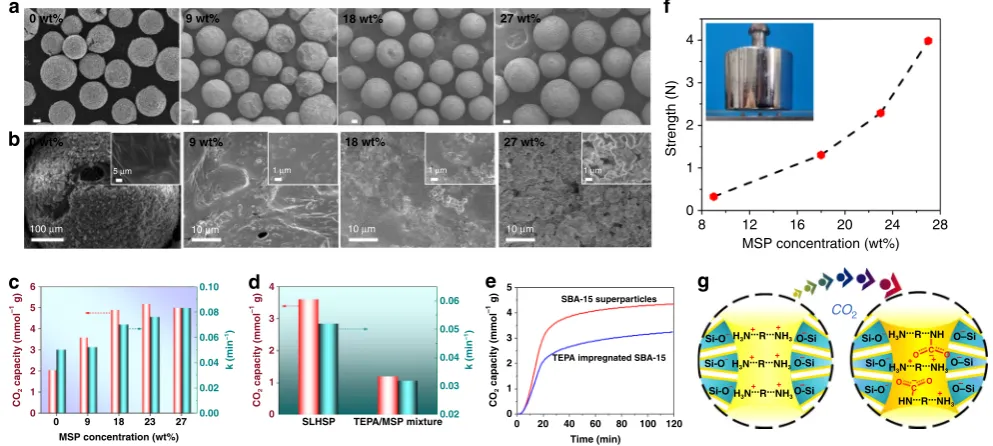 Fig. 4 Structure tuning and performances of SLHSPs with different amounts of MSP.change of interactions between silanol groups and amines after COSLHSPs containing 9 wt% of MSP and the TEPA/MSP mixture with the same MSP.SBA-15 and TEPA-impregnated SBA-15