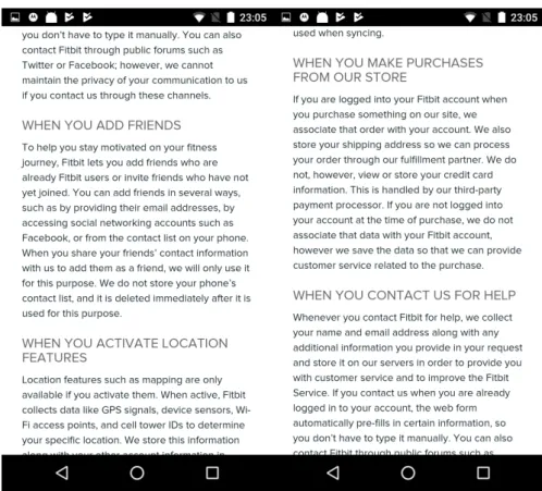 Figure 4.8: Fitbit privacy policy - of how data is shared with friends and location details.