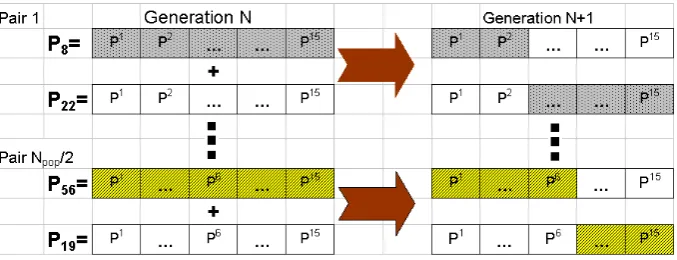 Fig. 1. Diagram of genetic algorithm mating procedure. Randomly chosen parameter vectors from an initial generation are combined toform a new generation of parameter vectors