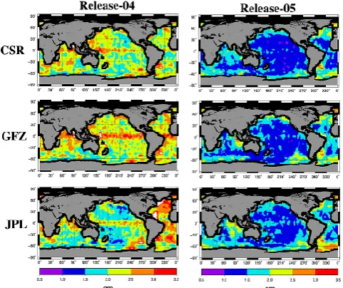 Fig. 3. Standard deviation of differences between unsmoothed OBPfrom JPL ECCO and GRACE mapped OBP (destriped, 300 kmGaussian) for Release-04 (left column) and Release-05 (right col-umn), using coefﬁcients processed by CSR (top), GFZ (middle),and JPL (bottom).