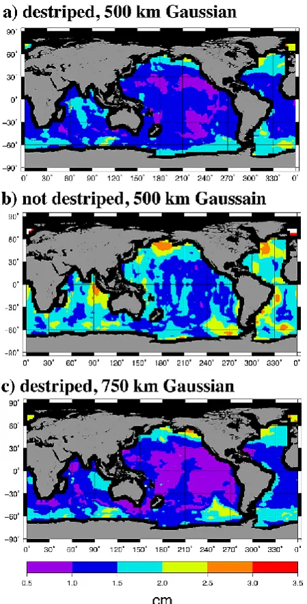 Fig. 7. Standard deviation of differences between unsmoothed OBPfrom JPL ECCO and CSR RL05 mapped OBP for (a) destripingand 500 km Gaussian, (b) no destriping and 500 km Gaussian, and(c) destriped and 750 km Gaussian.
