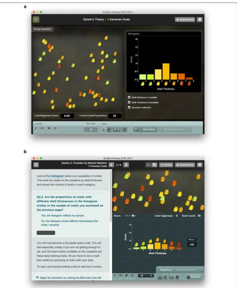 Fig. 1 Screenshot of Darwinian Snails workbook (a) and tutorial (b) versions. Students play crab by clicking on snails to eat them, and can use checkboxes to enable and disable conditions that contribute to natural selection (variation, heritability, diffe