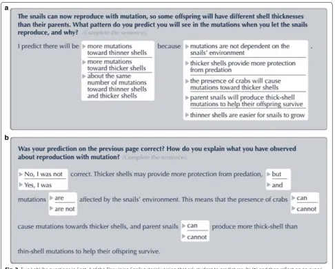 Fig. 2 Two LabLibs questions in Sect. 4 of the Darwinian Snails tutorial version that ask student to predict results (ment about the role of mutations in evolution (mutations in the presence of crabs