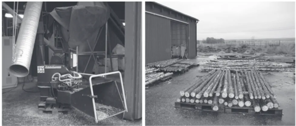 Fig. 1 Edsby chipper (left) and preparation of logs for experiments (right)
