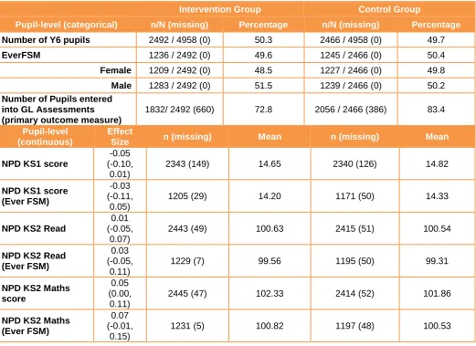 Table 2 summarises pupil characteristics of the sample at analysis stage. The intervention group had a slightly higher proportion of boys than girls, whereas the control group was evenly split
