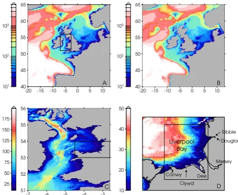 Fig. 1. Bathymetry of the model domains in m. Note that plots A andPOLCOMS-IRS, with location of Liverpool Bay indicated by thebox.B use a logarithmic colour scale