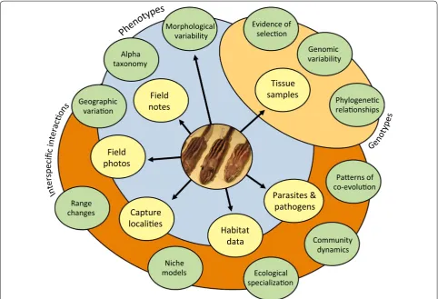 Fig. 1 Types of natural history museum data. Natural history specimens form the core of a large, integrative network of information that can be used to address numerous questions regarding environmental and climate change