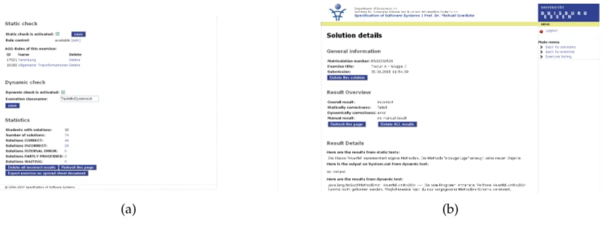 Figure 1.2: Screenshots from teacher’s web frontend, showing management of checking options (a) and review of checking results for a single solution (b).