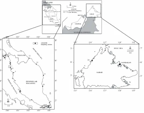 Figure 1. Sampling locations of cultured and wild sea bass in Malaysia.