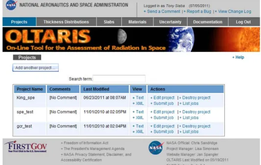 Figure 2. OLTARIS Projects page.  