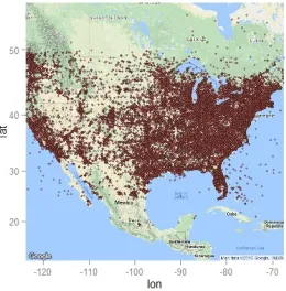Fig. 4. Geo-located US Tweets partitioned with our Quadtree algorithm