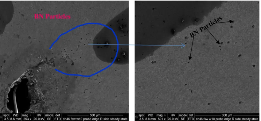 Fig. 9 High amount of BN particles found near the void at AS, EH46 steel W2E (steady state)