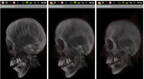Fig. 2: These images show renditions at full viewport size of the CT head dataset (with dimensions 256x256x113) using 64, 128, and 256 slices, respectively