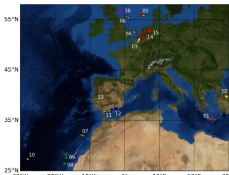 Figure 5. Overview of GOME-2A target pixels (numbered quad-rangles) and corresponding lidar measurements (circles)