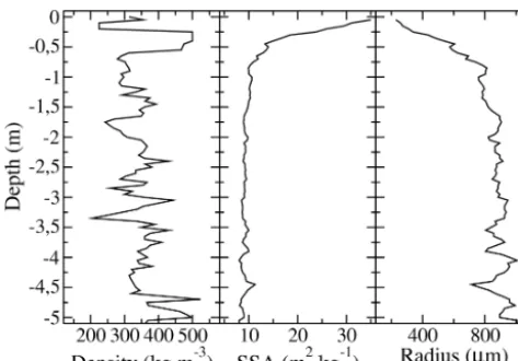 Figure 1. The measured proﬁles of snow density, SSA, and DMRT-ML radius at Dome C, Antarctica