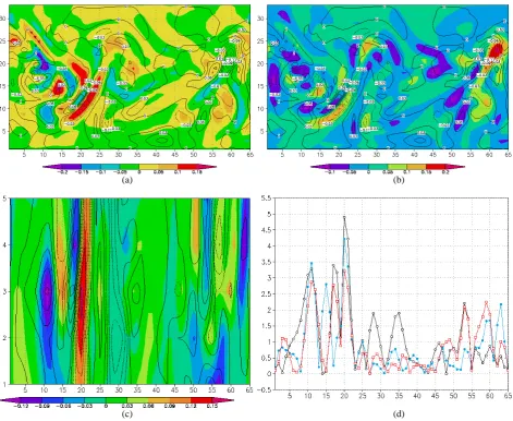 Fig. 6. (a) and (b) Two randomly chosen bred vectors for a medium density observing network (32 rawinsondes) (color shaded)