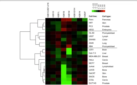 Figure 5 Hierarchical clustering of H2B isoform abundances across 20 cell lines. The relative abundances of H2B isoforms were determined usingnbottom-up MS, normalized against the average abundance for each isoform across all cell lines and log2 transforme