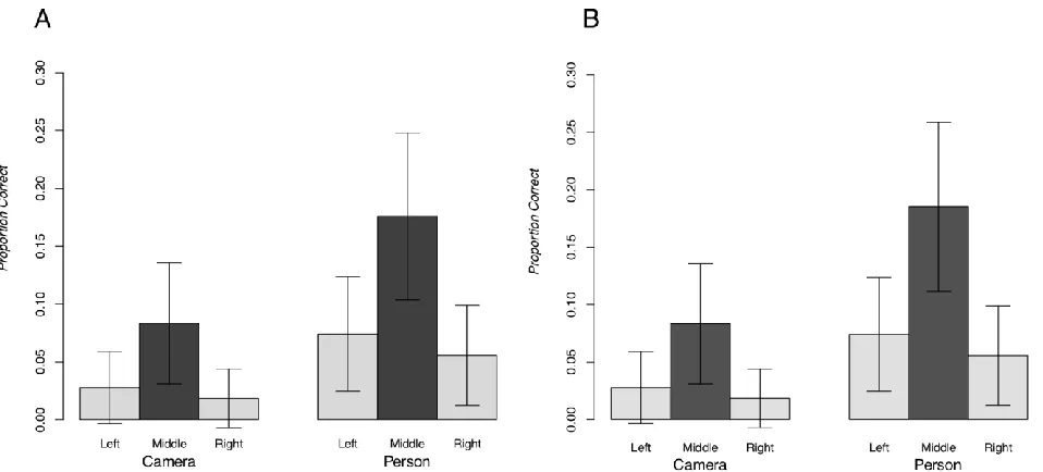 Figure 4. (Left) For each of the three positions the graphs show the overall proportion of correct responses as a function of  the type of object