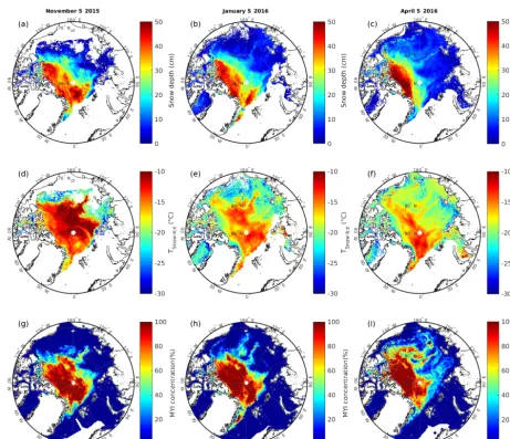 Figure 12. Maps of the snow depth (a, b, c) and the TSnow−Ice (d, e, f) estimated from our multilinear regression using AMSR2 TBs, withmulti-year ice (MYI) concentration products (g, h, i) from the University of Bremen on 5 November 2015 (a, d, g), 5 January 2016 (b, e, h),and 5 April 2016 (c, f, i).
