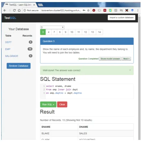 Fig. 2. A TestSQL session: automatic feedback gives the student immediate information about their work, and model solutions are alsoavailable.