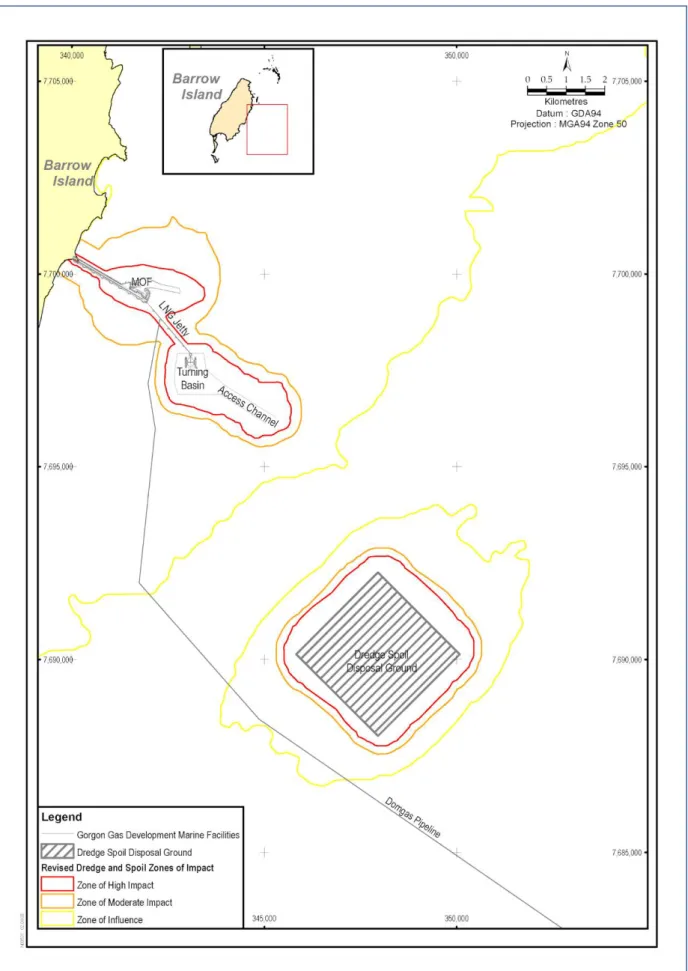 Figure 2-2   Gorgon Gas Development Marine Facilities and Dredging and Spoil Disposal  Zones of High Impact, Moderate Impact, and Zone of Influence 