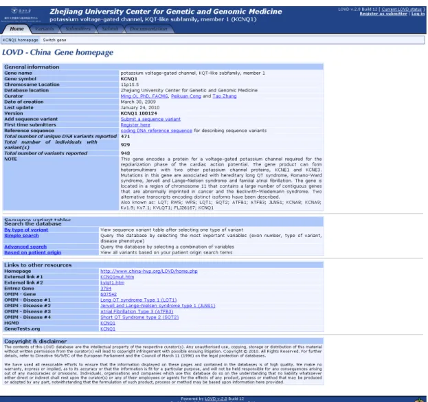 Figure 1. Homepage of the KCNQ1 database. The main function menu, shown on the left side,  contains the four options provided for the users, which is available at the website  http://www.genomed.org/LOVD/LQTs/home.php?select_db=KCNQ1