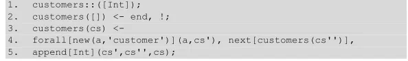 Fig. 7 defines a meta-interpreter for the history query language. Given a query q(v1,...,vn), a program prog, a database db and a history end time t, the query is satisfied when call(0,t,db,'q',[v1,...,vn],prog) is satisfied with respect to the definitions