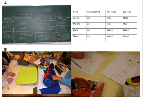 Figure 2 Main steps of the activity about intra-specific diversity. (A) Discuss with the students examples of biological and inherited humantraits and write some of these examples on the board (left: a photograph taken during a class in an elementary schoo
